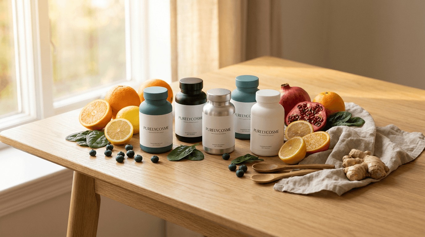 Purelycosme product collection with fresh fruits and vegetables