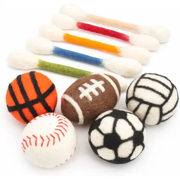 One Cat Qtip Toy Set, 5 Pcs Wool Felt Cat Sport Balls (1.5 Inch) & 6 Pcs Cotton Swab Cat Toys