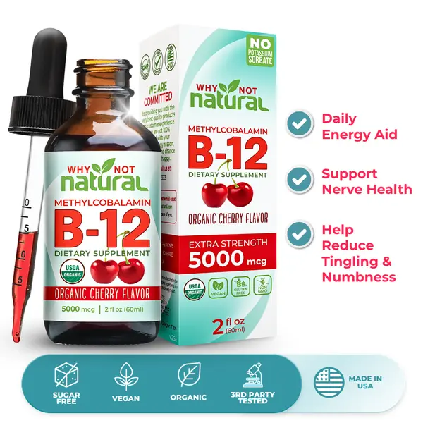 Organic Vitamin B12 Liquid Drops, Extra Strength 5000 mcg Natural Booster Dietary Supplement Edible Fitness