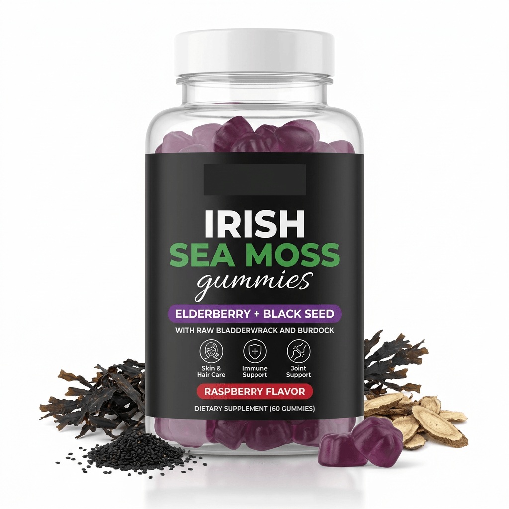 Purelycosme Irish Sea Moss Gummies with Bladderwrack, Burdock Root & Elderberry, Raspberry Flavor, 60 Gummies