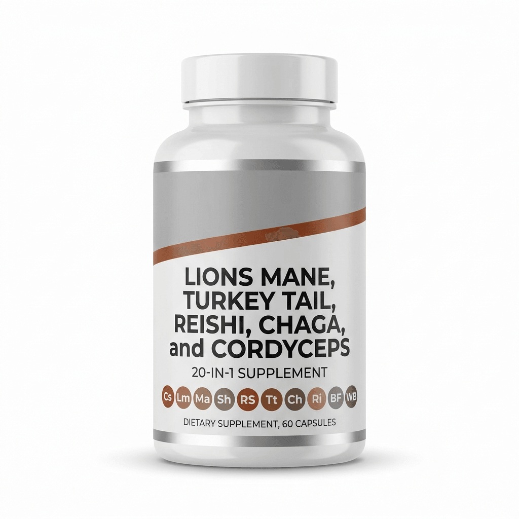 Purelycosme Lion's Mane 20-in-1 Mushroom Complex with Turkey Tail, Reishi, Chaga & Cordyceps, 60 Capsules