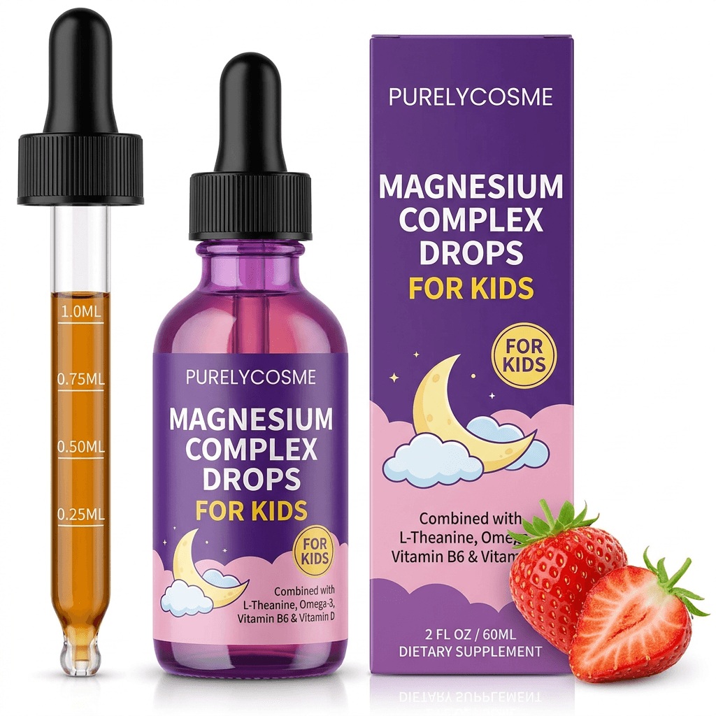 Purelycosme Magnesium Complex Drops for Kids, L-Theanine, Omega-3 & Vitamin D, 60 mL