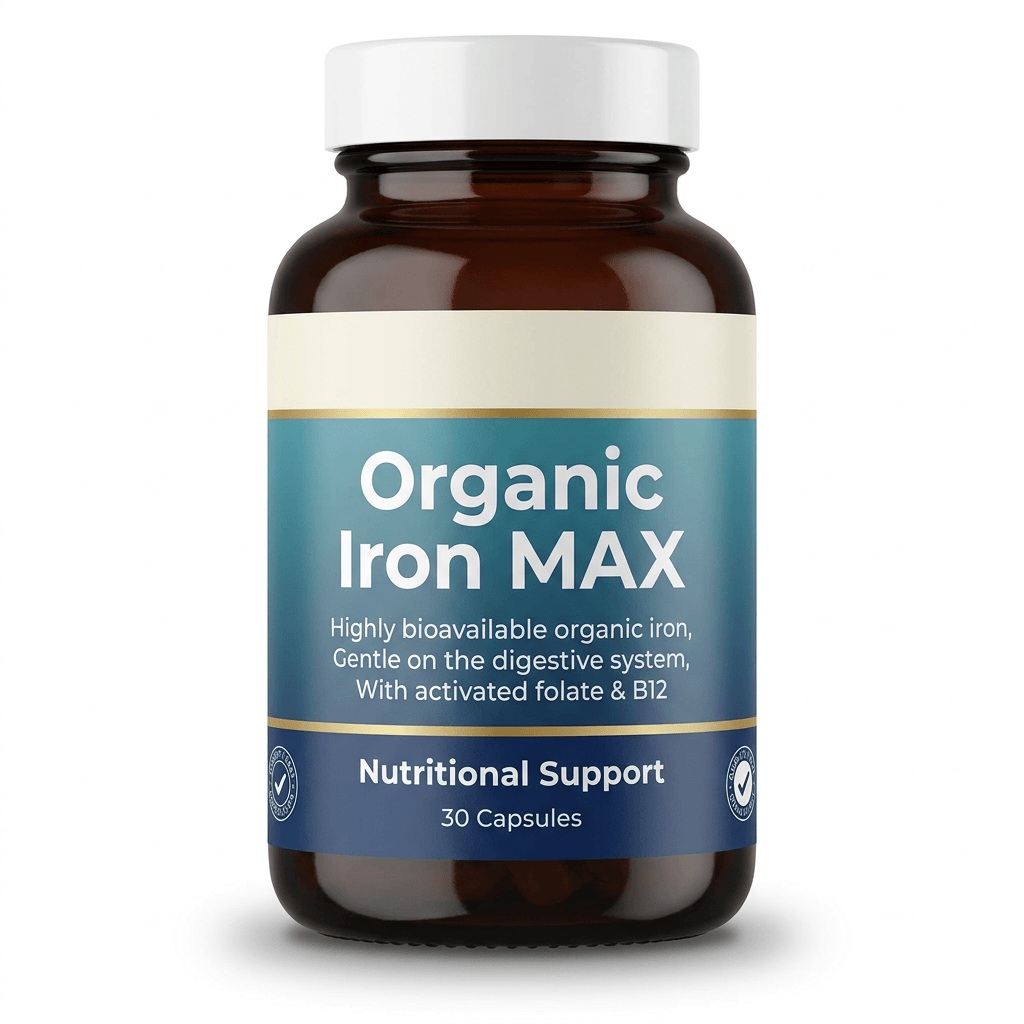 Purelycosme Organic Iron MAX, Highly Bioavailable Iron with Folate & B12, 30 Capsules