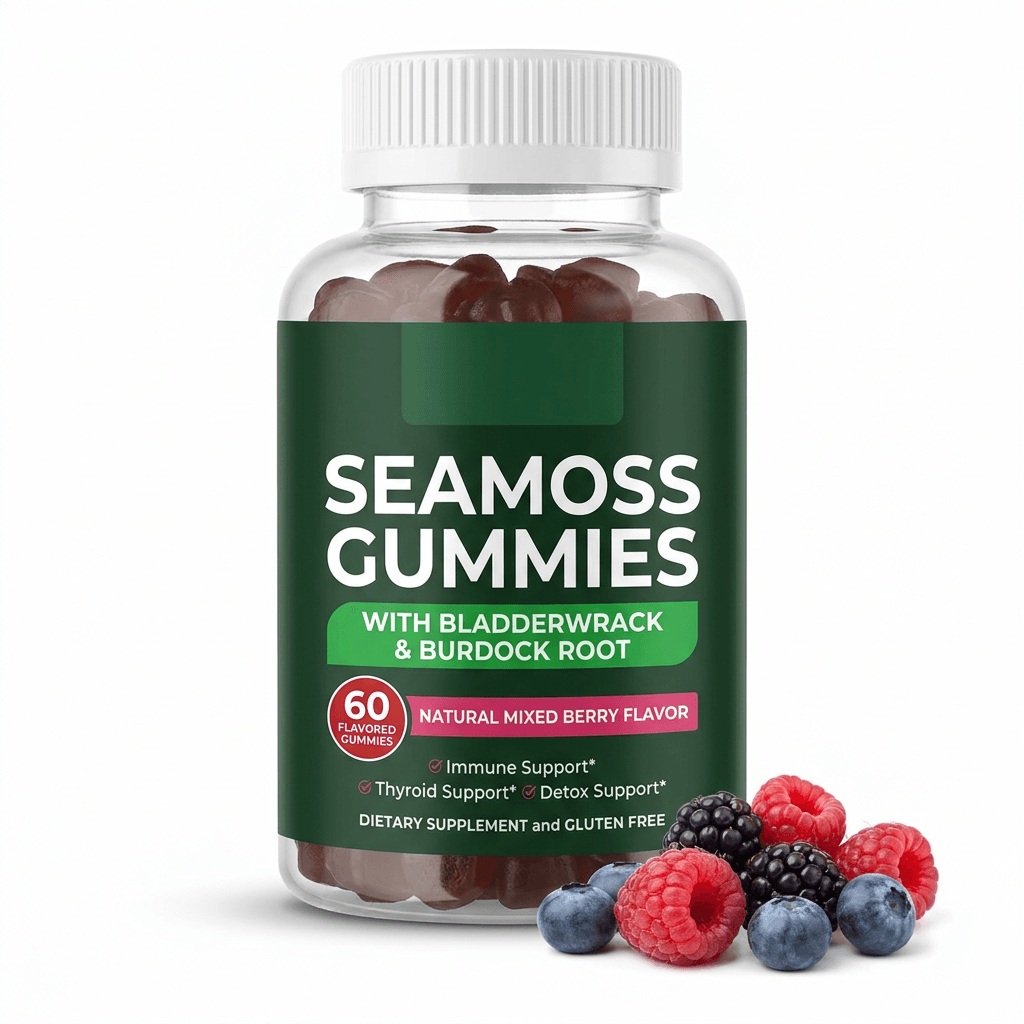 Purelycosme Sea Moss Gummies with Bladderwrack & Burdock Root, Natural Mixed Berry, 60 Gummies