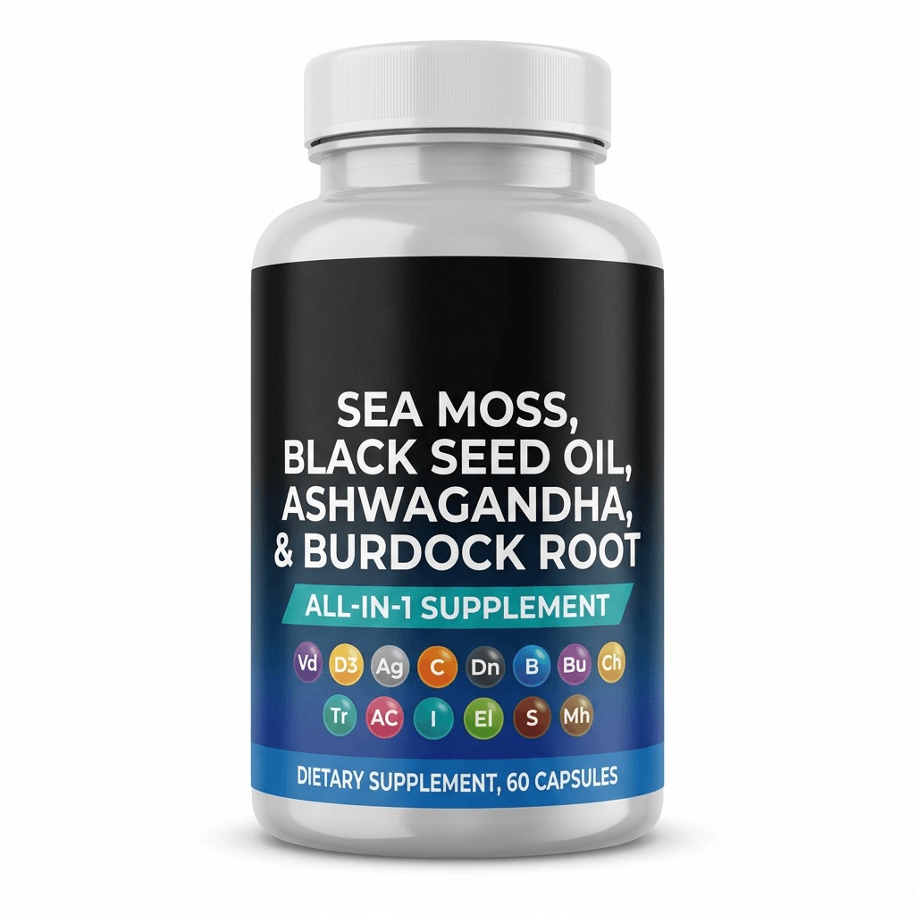 Purelycosme Sea Moss, Black Seed Oil, Ashwagandha & Burdock Root Multimineral Complex, 60 Capsules
